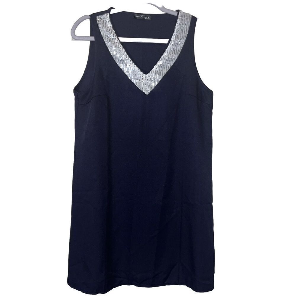 Emily Rose Tank Mini Dress Wmns Sz M Navy Blue V Neck Sequin Trim Dinner Date